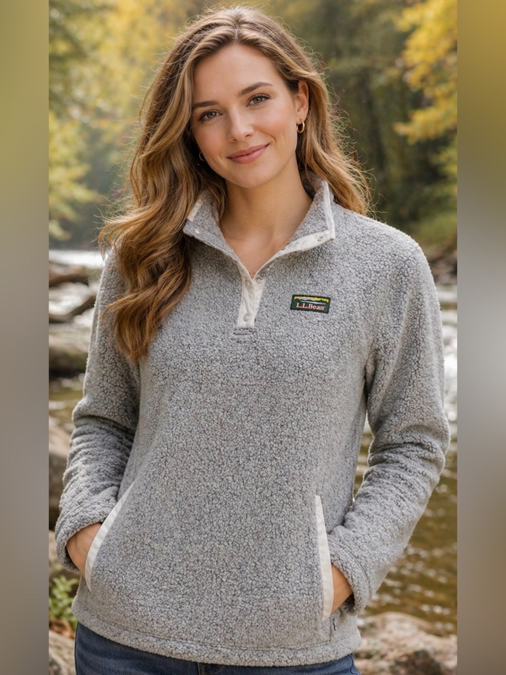L.L. Bean Sherpa Fleece Women’s Pullover Medium Gray T Snap Cozy Outdoor